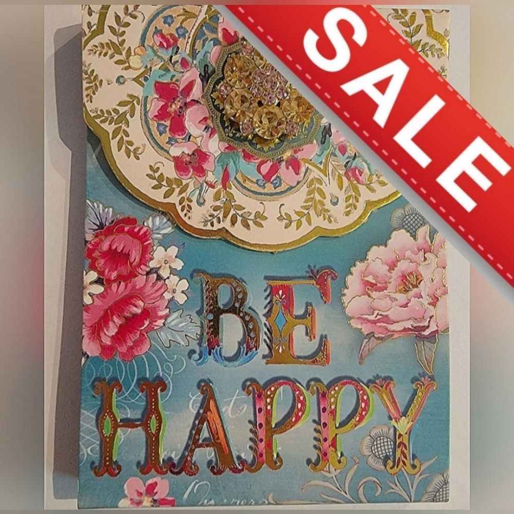 Punch Studio βBE HAPPYβ Floral Jeweled Gold Pink Brooch Pocket #Notepad Holder